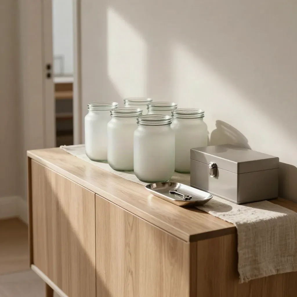Hallway savings corner with frosted jars, cash tray and lockbox on a pale sideboard.