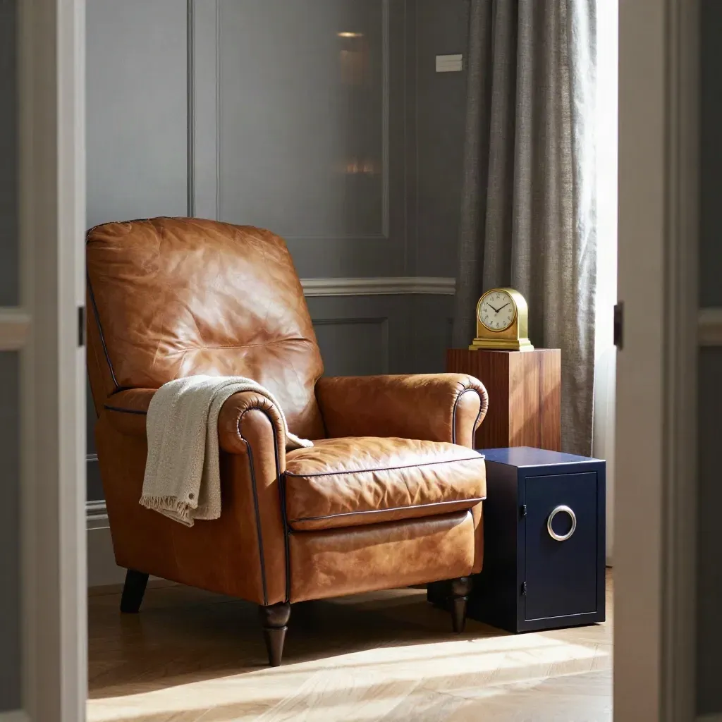 Retirement nook with leather armchair, brass clock, folded throw and closed safe drawer.