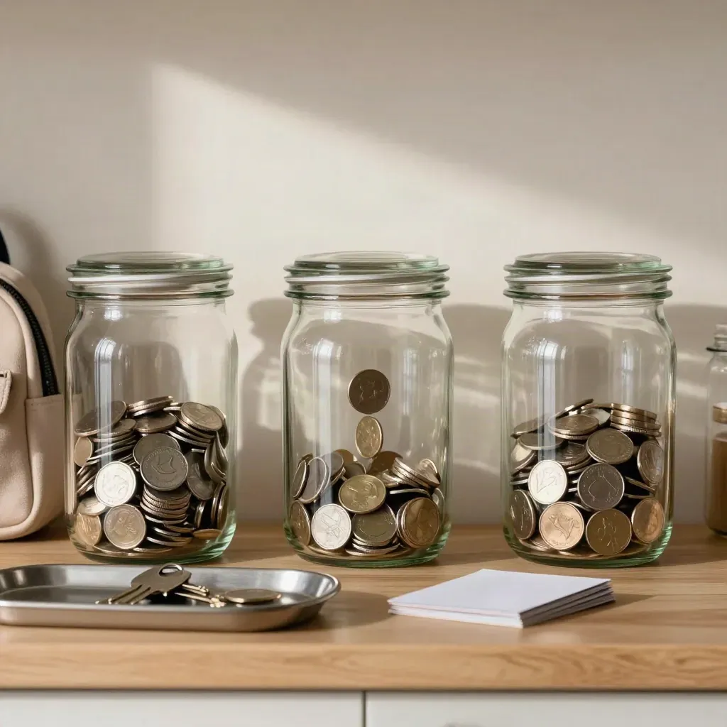 Three savings jars on a kitchen shelf, school bag below, coin mid-drop in warm morning light.