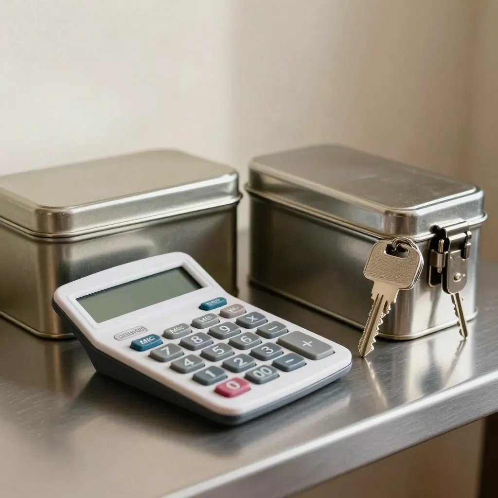 Metal cash tin, calculator, keys and lockbox on brushed steel in a premium finance still life.