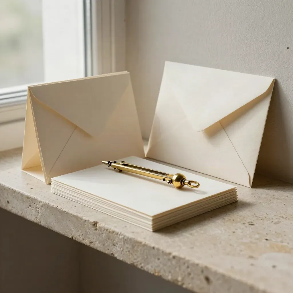 Brass compass with blank folded cards and an envelope box on a limestone shelf