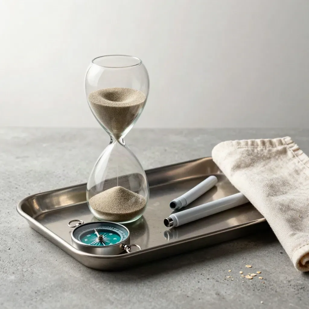 Sand timer, compass and markers on a metal tray with a folded cloth